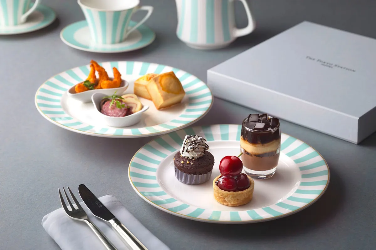 Sweets served on striped porcelain