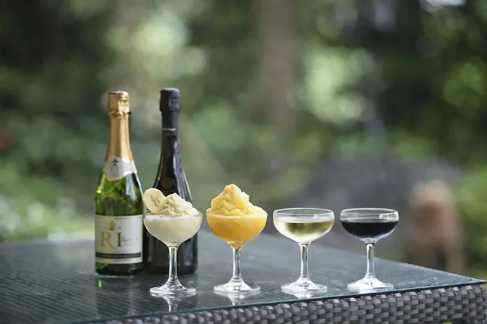 Frozen cocktails and sparkling wine on an outdoor table