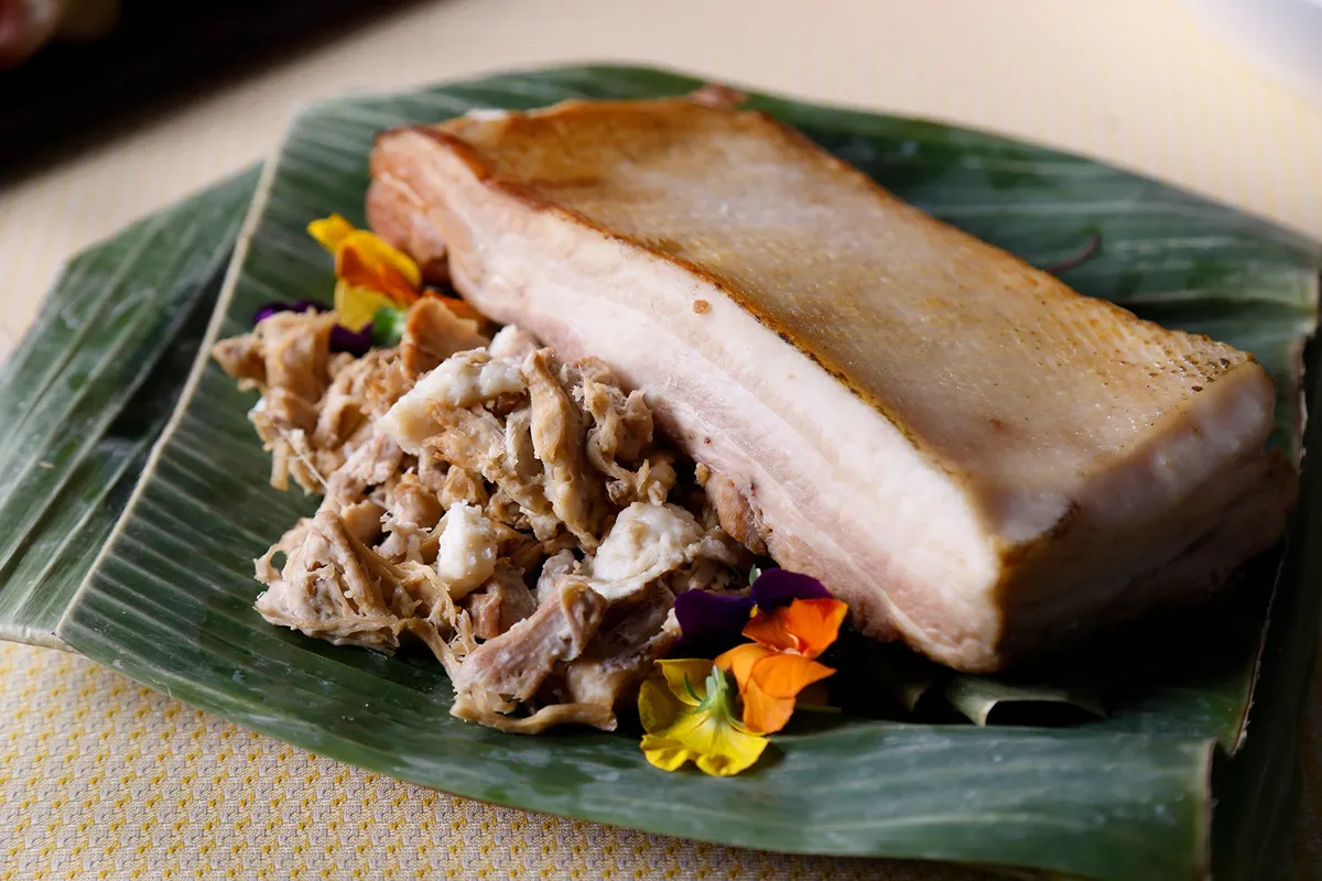 Kalua Pig served traditionally on a banana leaf
