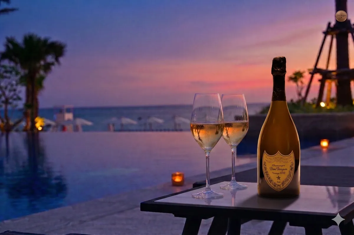 Dom Perignon at the pool bar at sunset