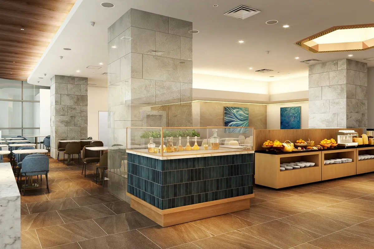 The buffet and dining area with stone finishes