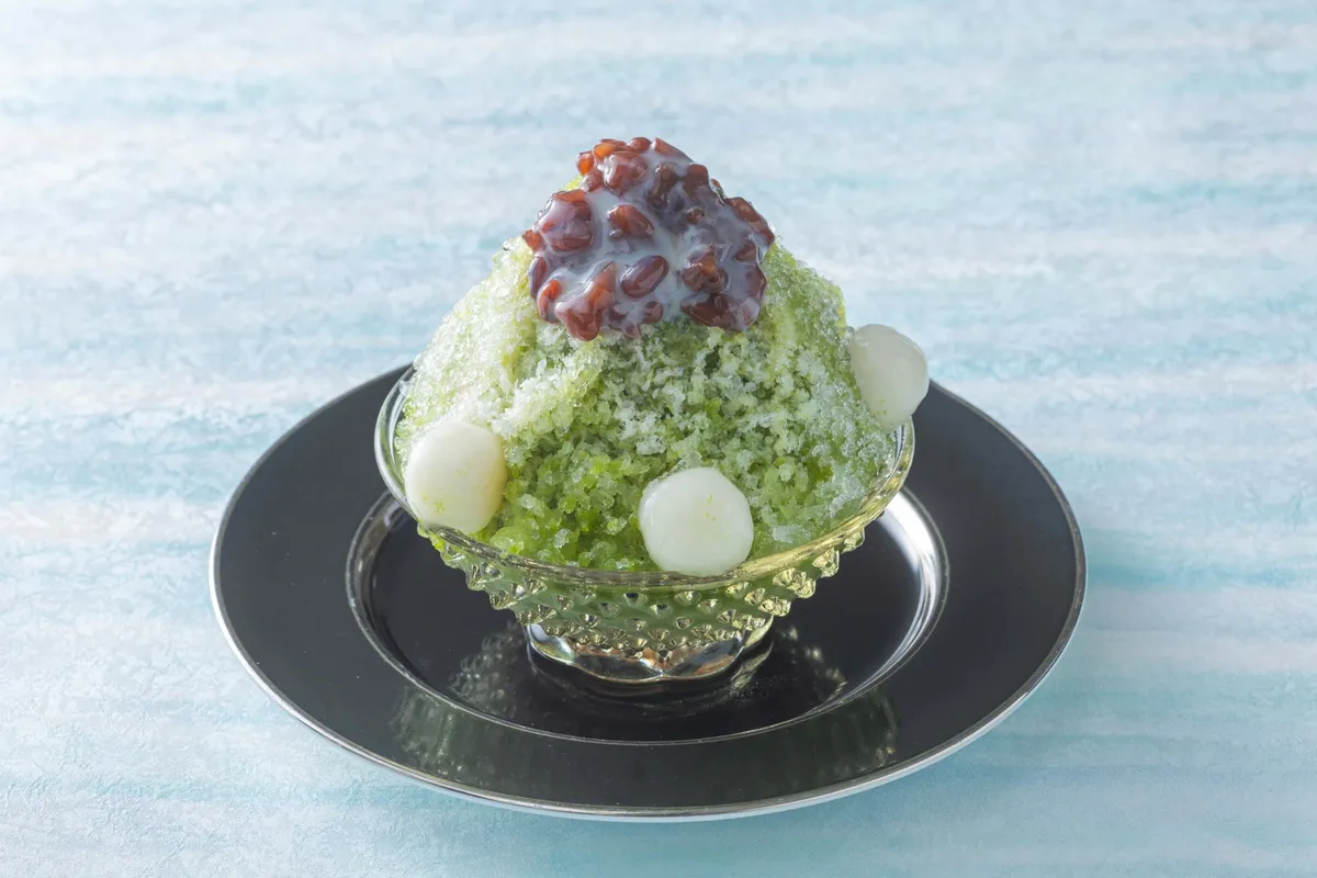 Uji Kintoki shaved ice with matcha syrup and azuki beans.