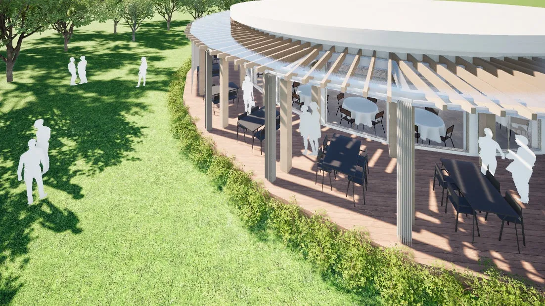Aerial view of the semi-circular terrace rendering