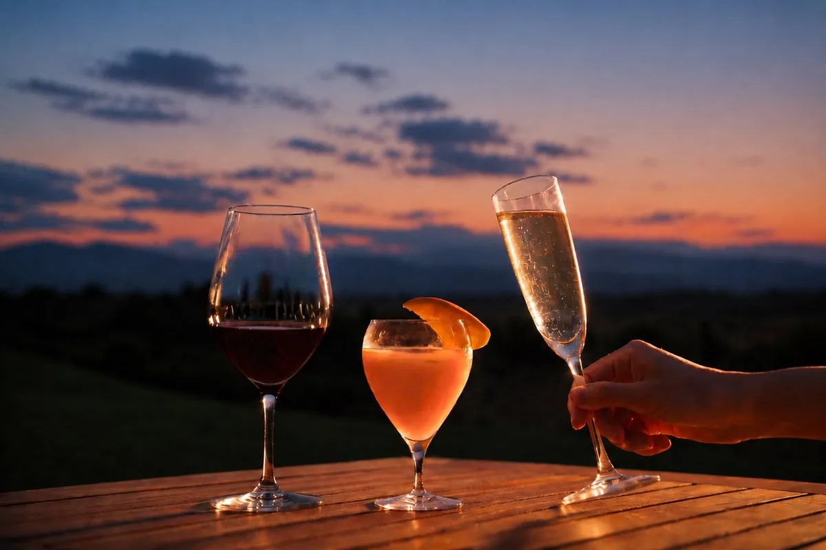Three glasses containing wine, a tropical cocktail, and champagne at dusk
