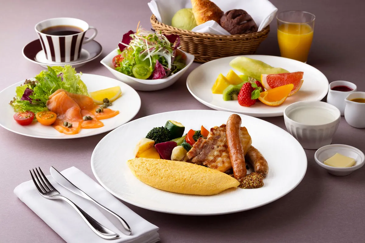 American Breakfast featuring an omelet and grilled vegetables