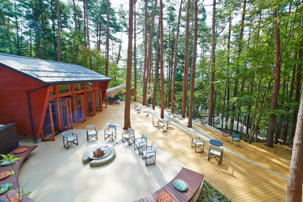 The tiered Cloud Terrace with a central fire pit