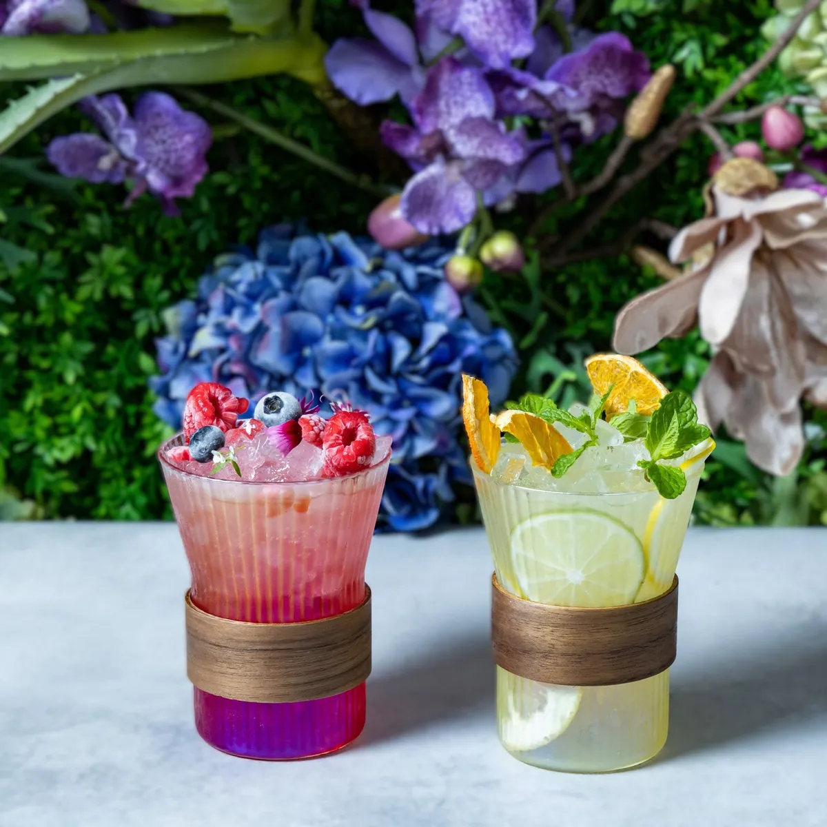 Two craft gin mojitos with shiso and citrus