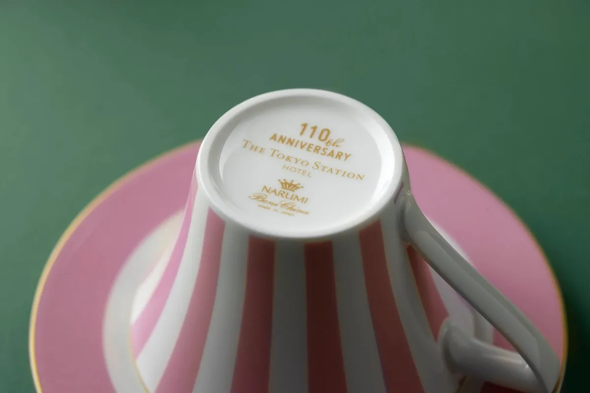 Commemorative Narumi teaware marking the hotel's 110th anniversary