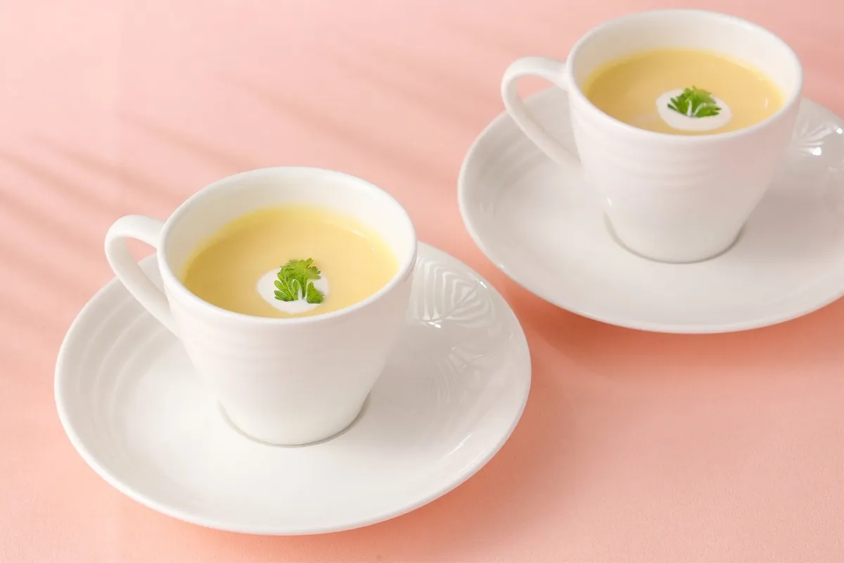 Soy-milk corn potage served in white ceramic cups