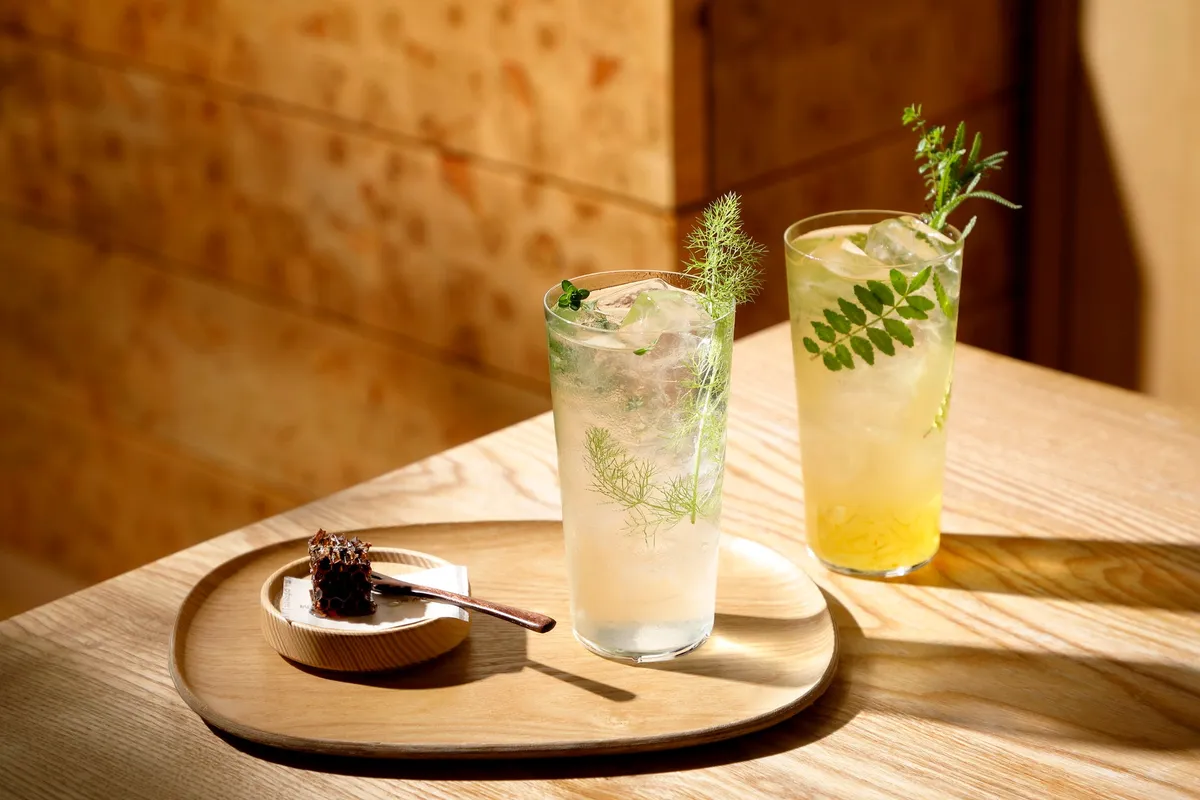 Botanical drinks with honeycomb on a wooden tray
