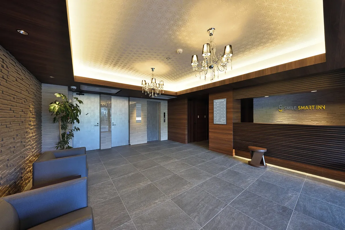 Hotel lobby with check-in terminals