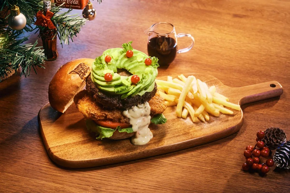 A festive Christmas-themed burger with avocado