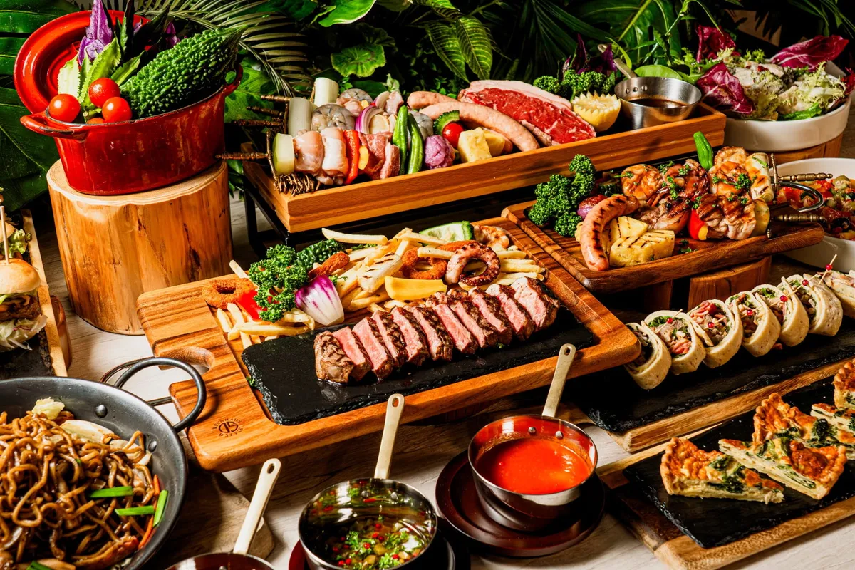 BBQ meat and seafood spread on the terrace