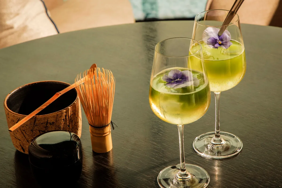 The Honey Jade cocktail made with matcha and Champagne