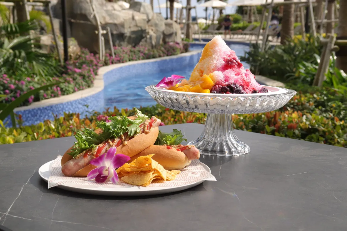 Poolside hot dogs and shaved ice
