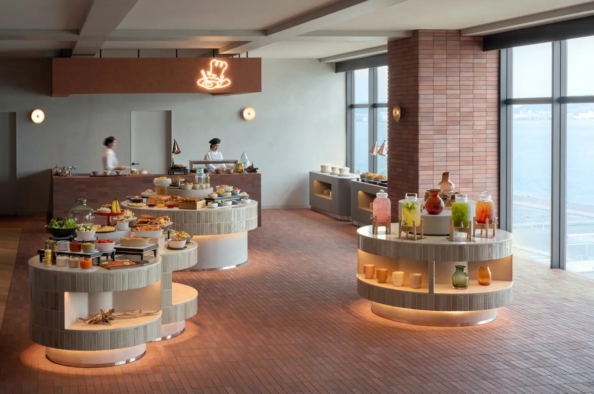 The Noodle Bar Buffet area with harbor views