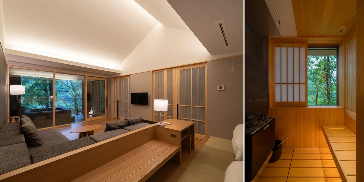 A suite room featuring a private sauna and mountain views