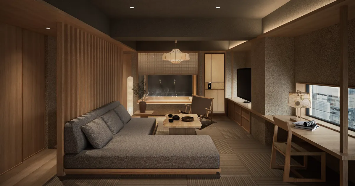 Interior of the new ONSEN Suite featuring a wooden bathtub and tatami flooring