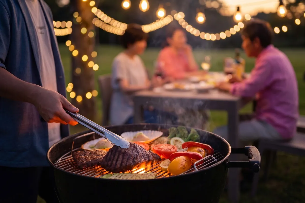 Meats and vegetables being grilled over an open charcoal flame at dusk