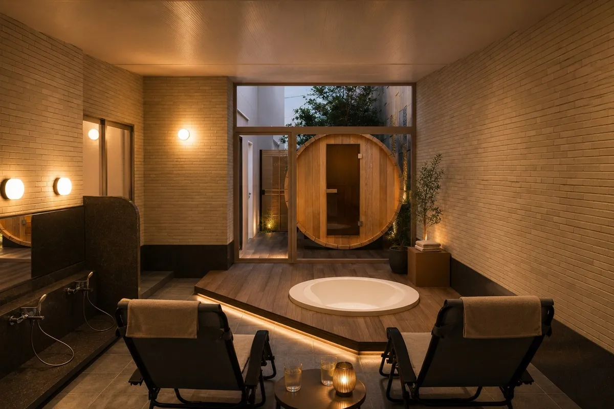 Wooden barrel sauna inside a guest room