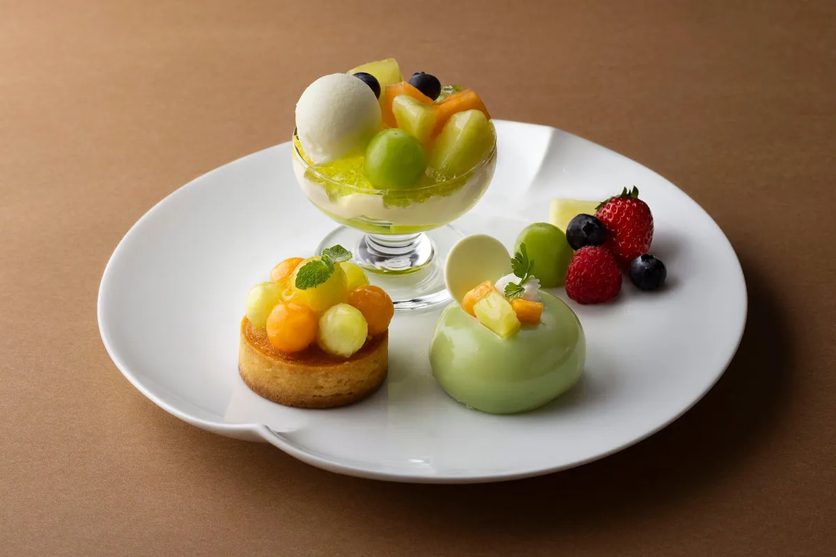 Melon Assortment plate featuring three distinct desserts