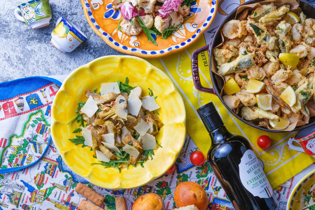 Fried seafood and artichoke salad with parmesan