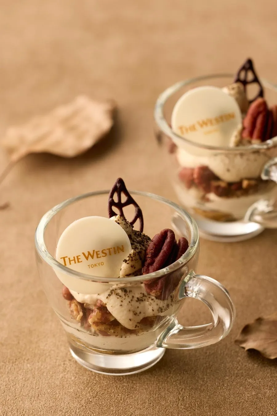 Roasted hojicha and pecan nut tiramisu in glass cups