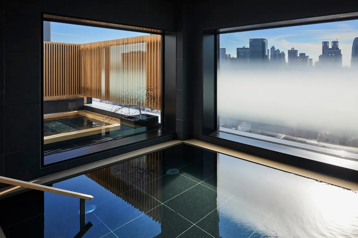 The communal open-air bath with a view of the Shinjuku skyline