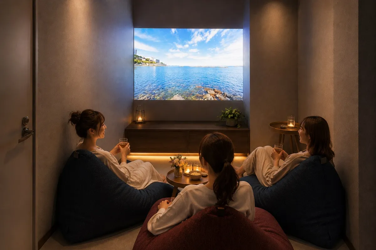 Guests watching a screen in the theater room
