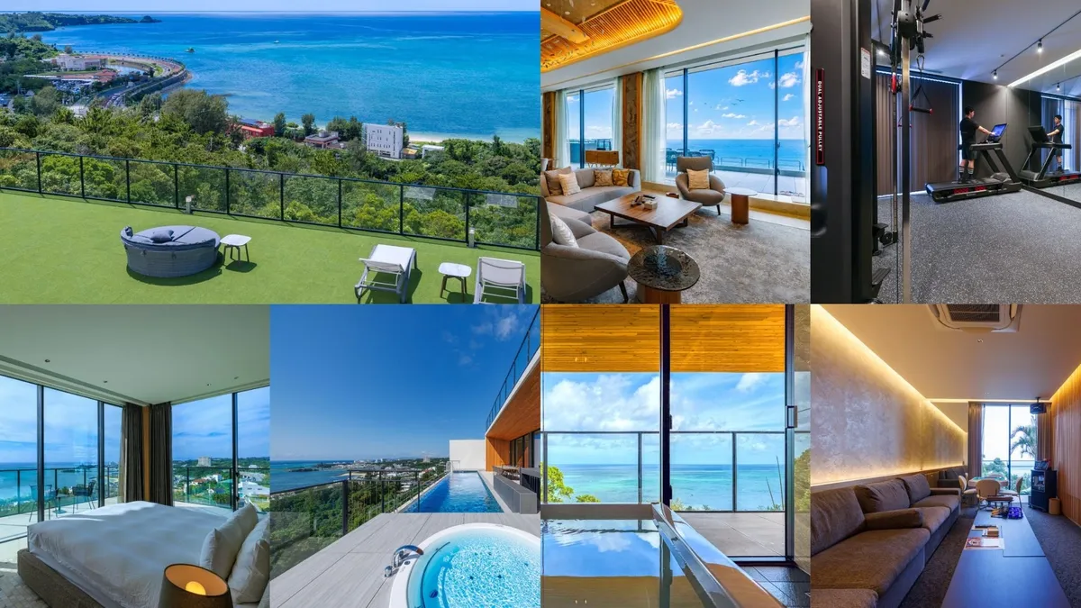 Collage of villa interiors including gym and lounge.