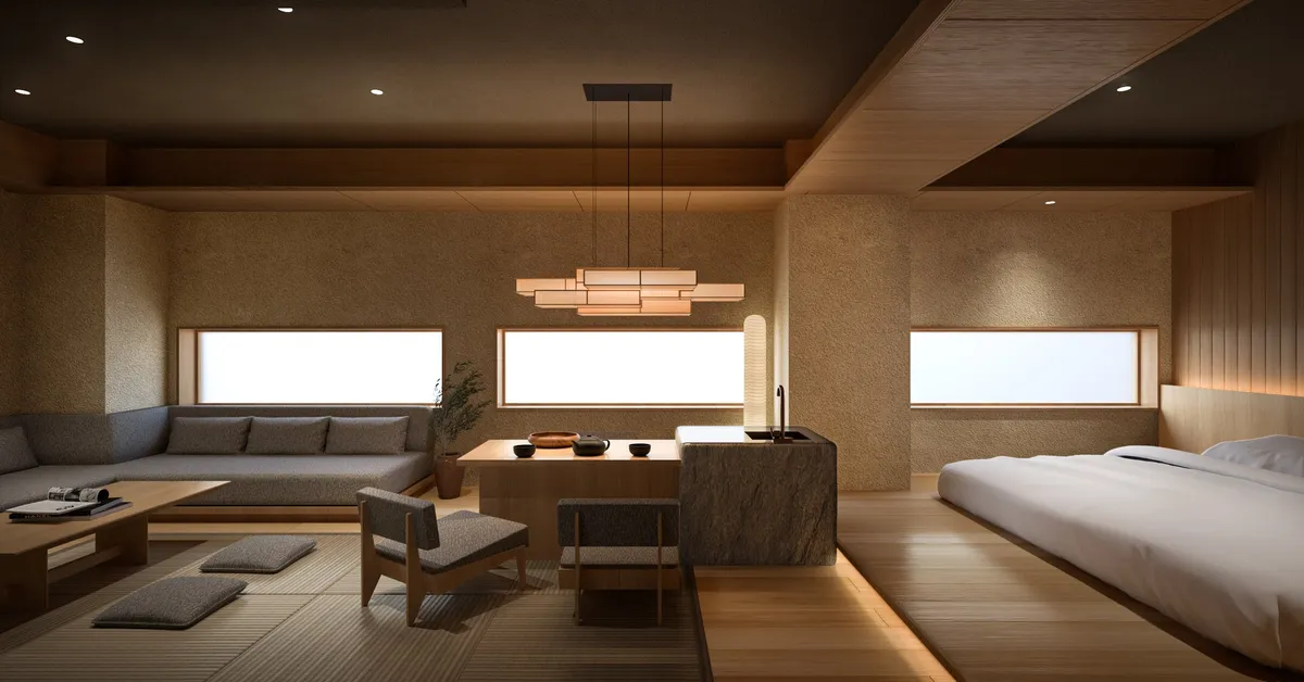 A spacious family room with low beds and a tea-room inspired seating area