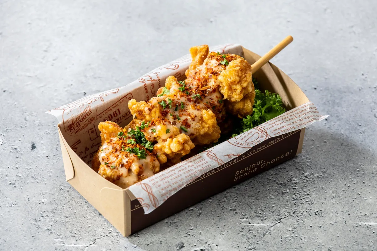 Fried chicken skewer at the poolside bar