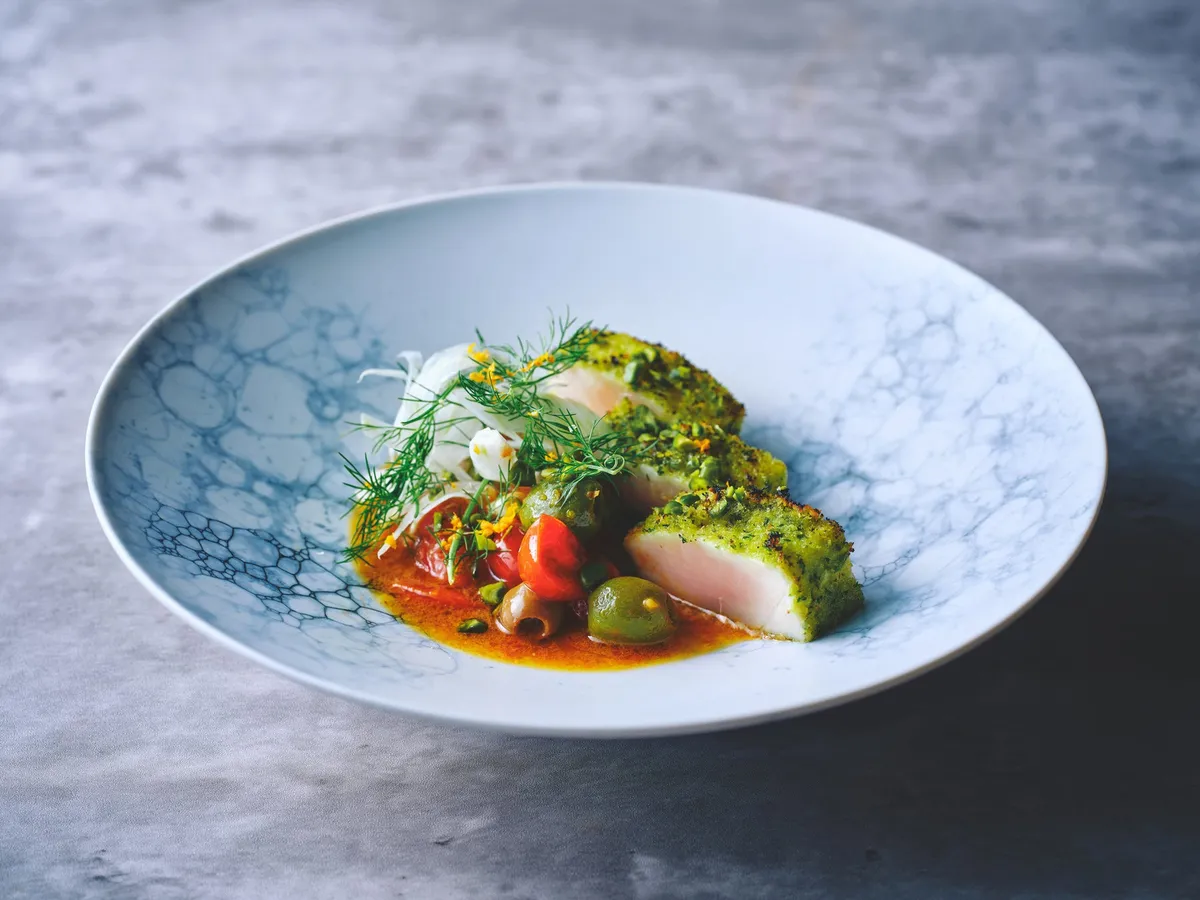 Herb-crusted swordfish with olives and tomatoes