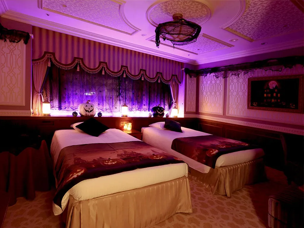 Themed room illuminated with purple atmospheric lighting