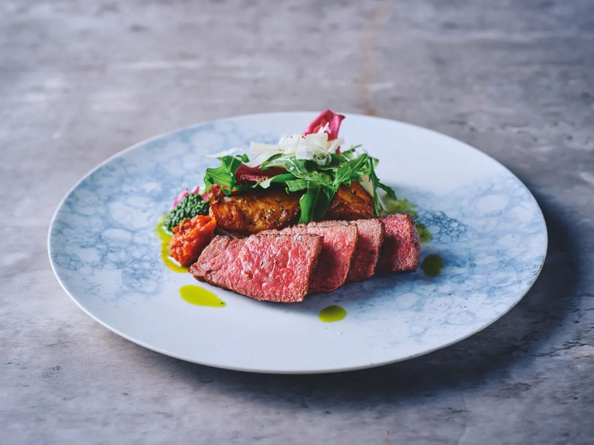 Domestic beef tagliata with arugula and parmesan