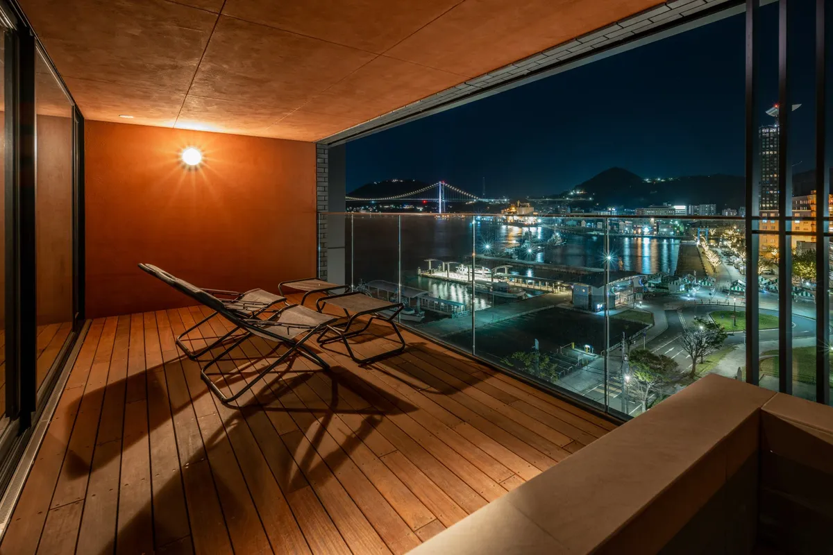 Night view from the private terrace of a sauna suite