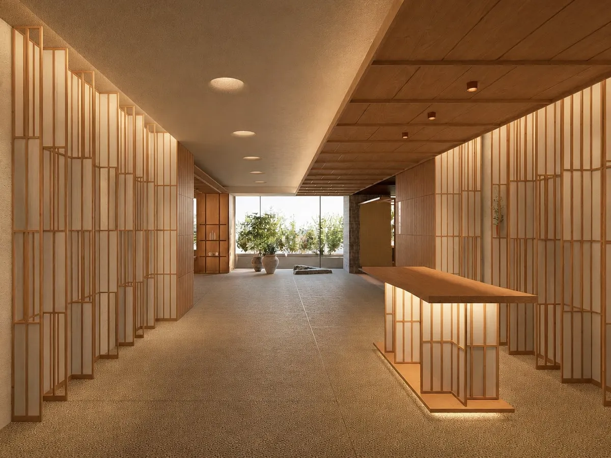 The warm, minimalist reception area featuring wooden lattice screens and soft lighting.