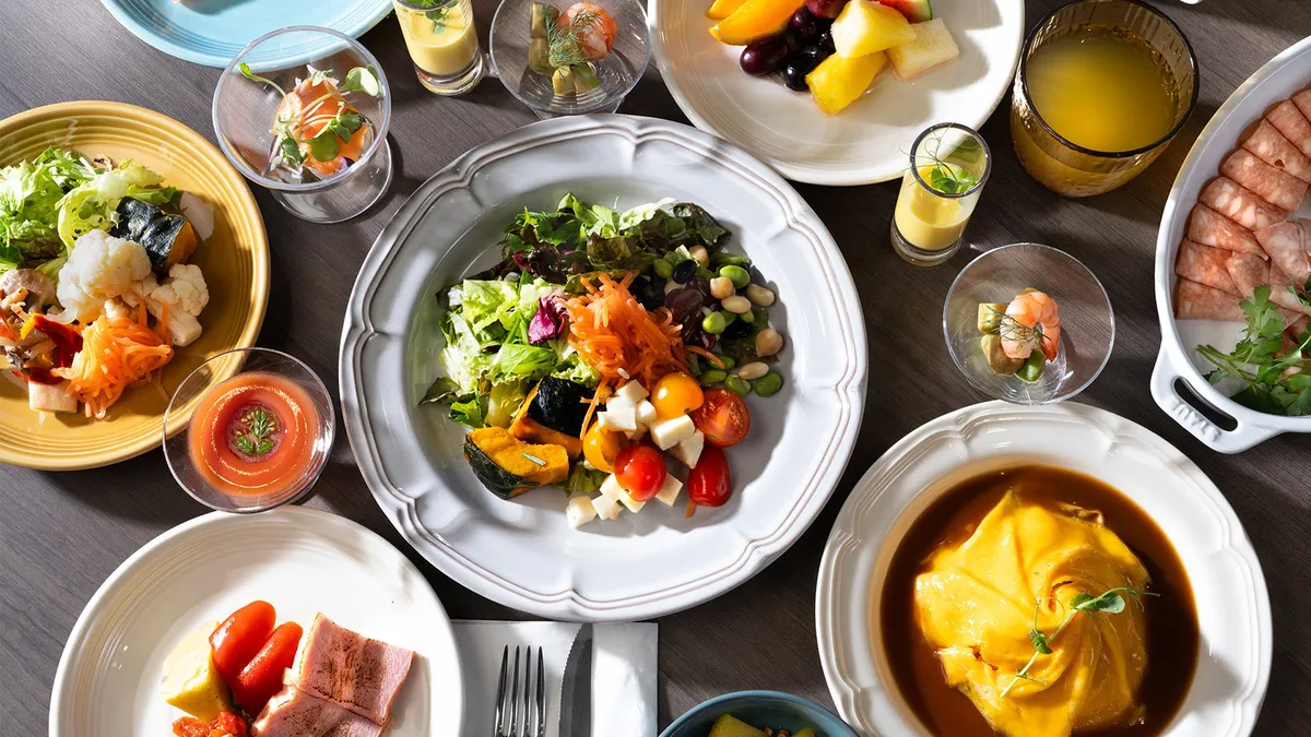Breakfast spread with omelets