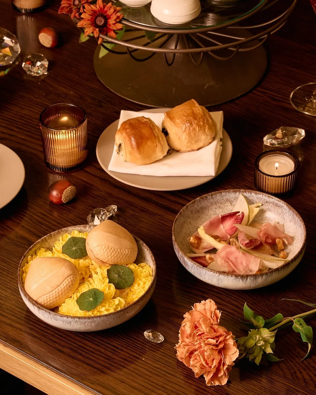 Savory dishes including Foie Gras Monaka and Iberico Ham salad