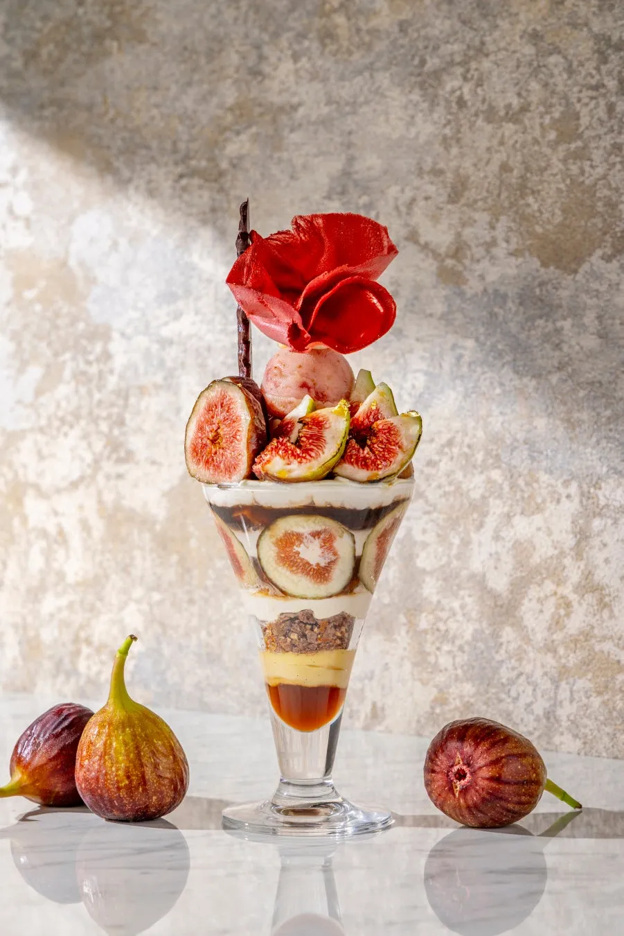 Fig & Hojicha parfait featuring fresh and roasted figs
