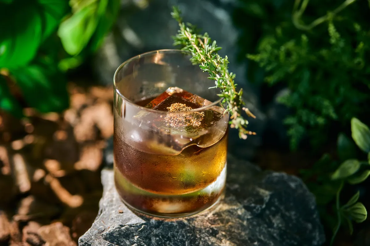 The Hatake no Negroni cocktail with an herbal sprig
