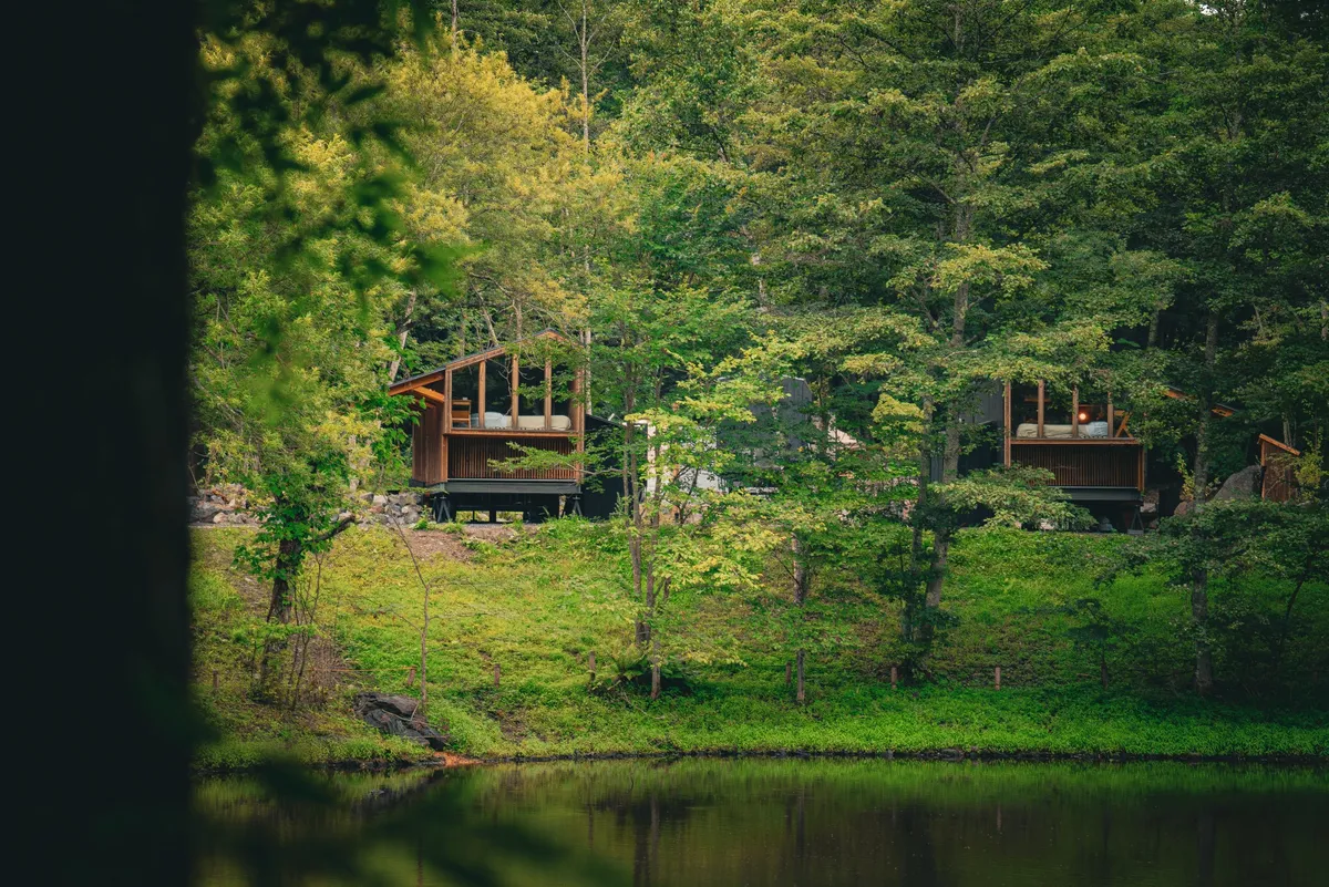 Wooden cabins on a grassy slope by the water