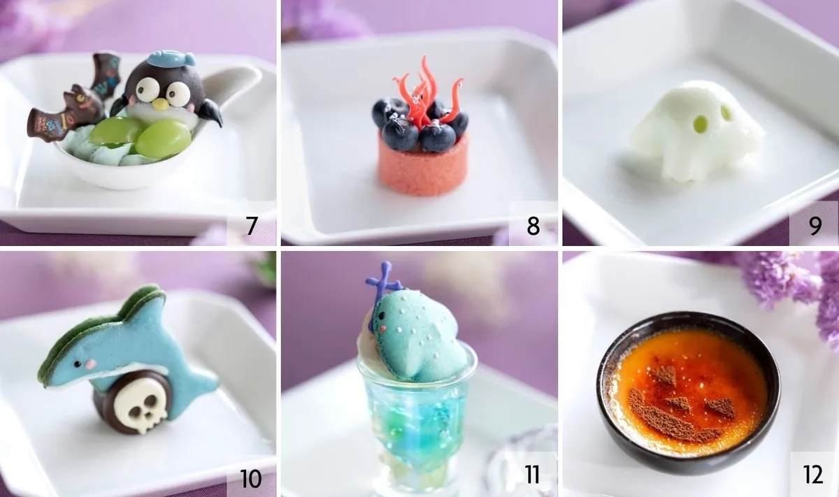 A selection of desserts featuring dolphins and whale sharks