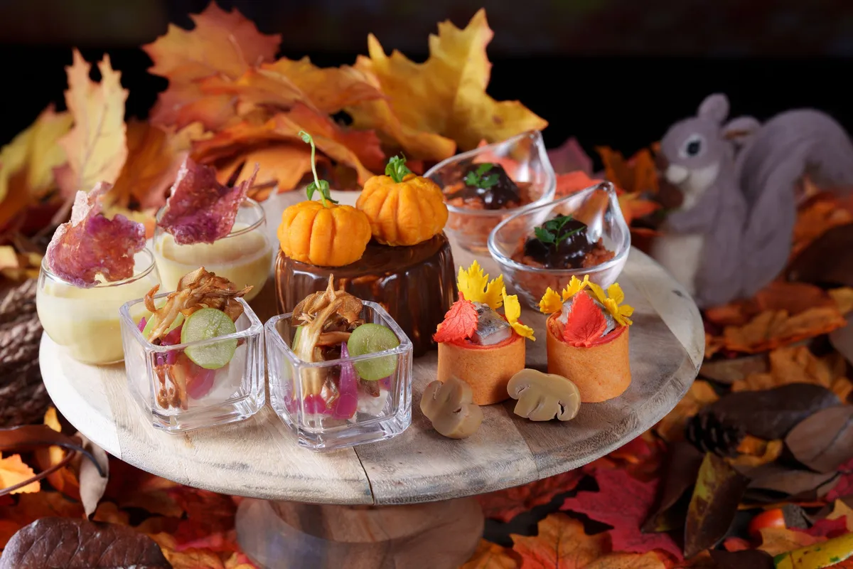 Savory bites including pumpkin-shaped items and mushrooms