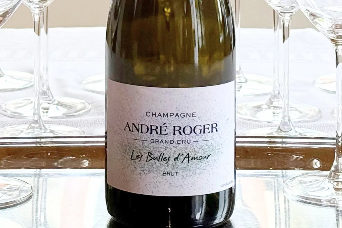A bottle of Les Bulles d’Amour 2023 Grand Cru champagne