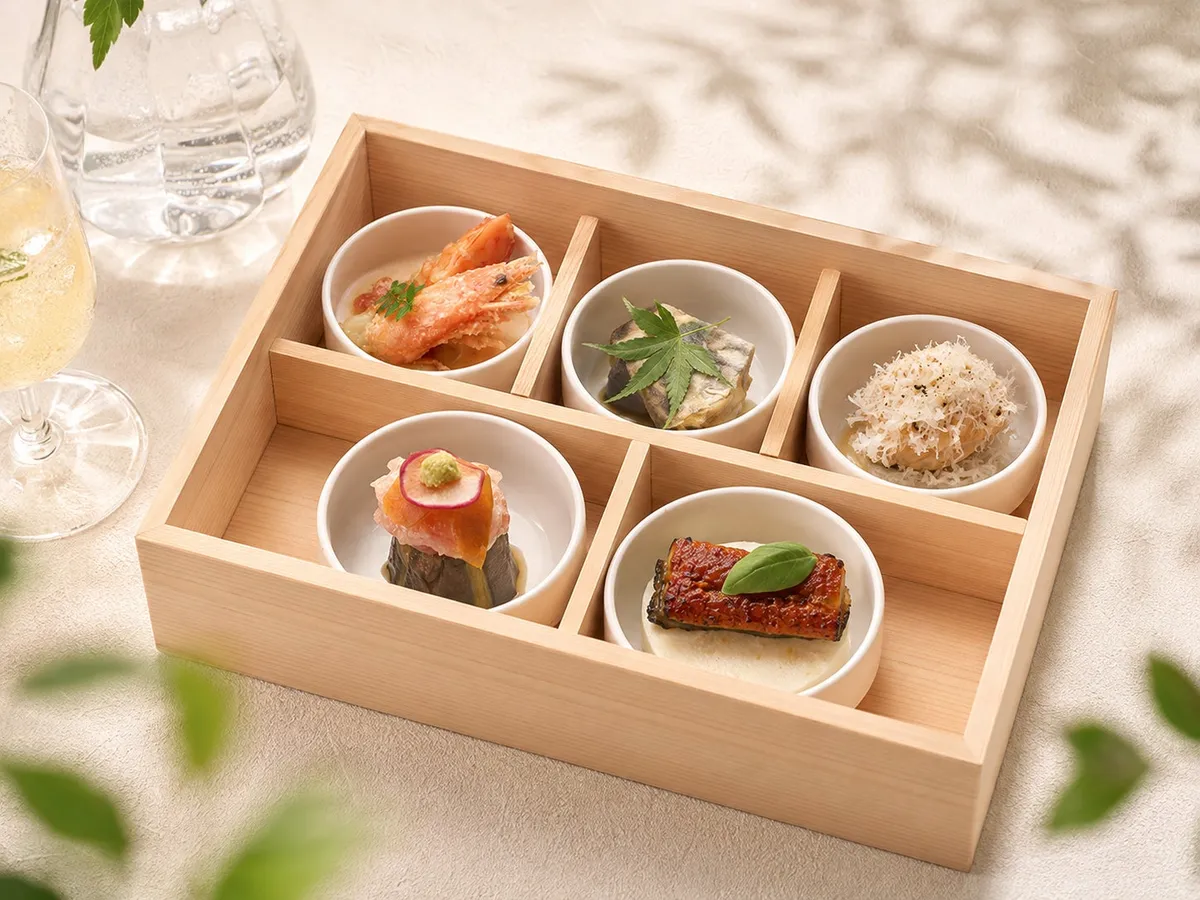 Savory dishes featuring local Nara ingredients in a wooden box