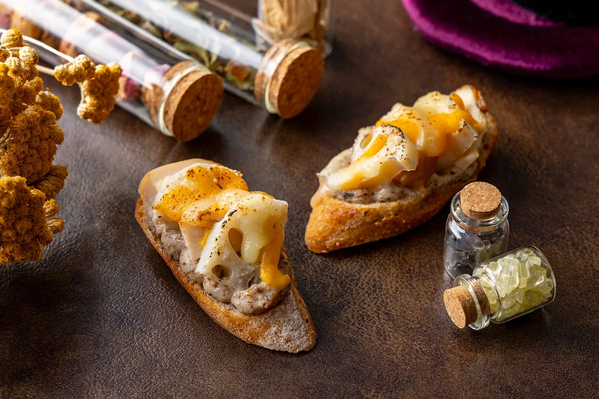 Smoked chicken and lotus root tartine