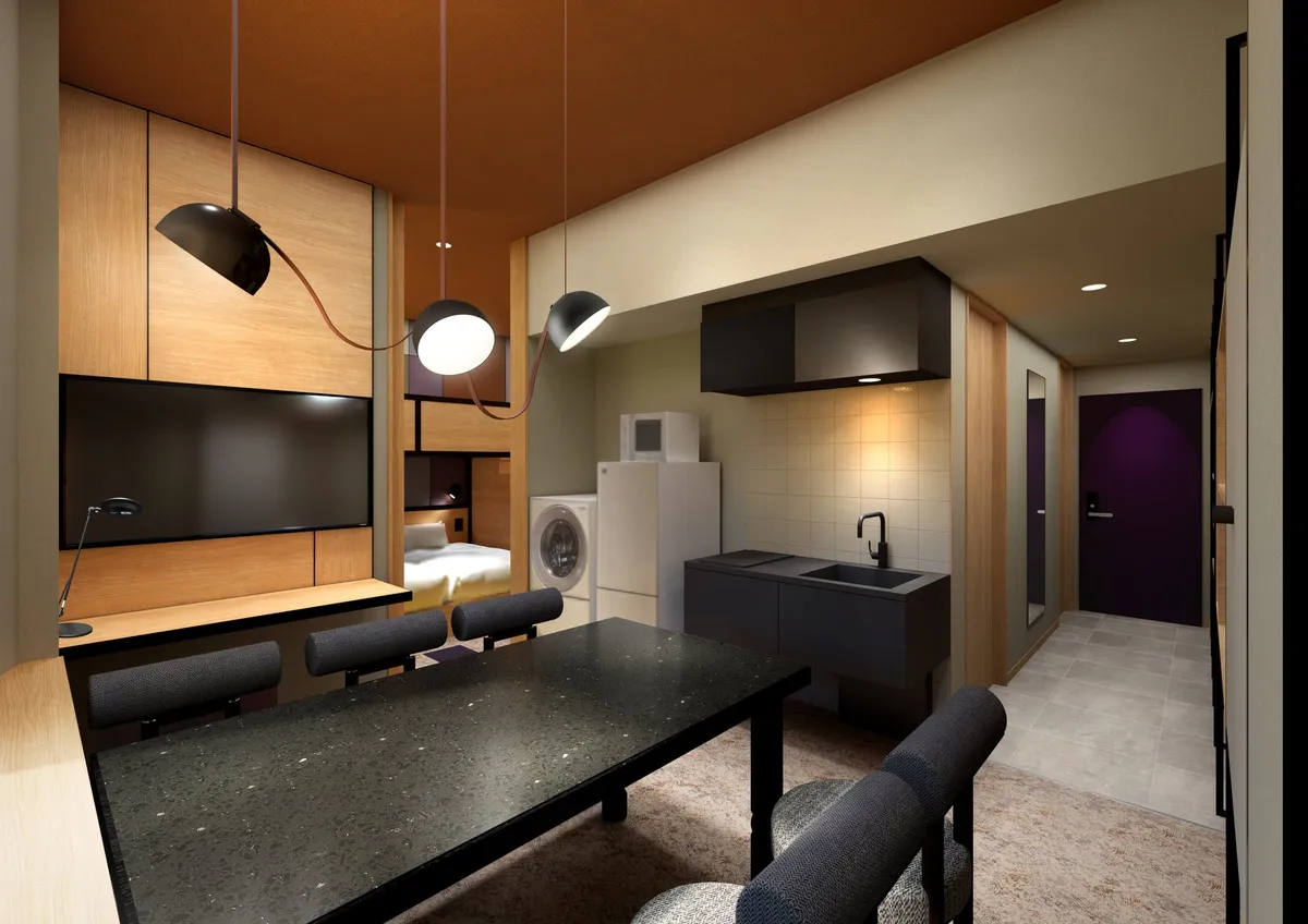Interior of a serviced residence with kitchen and dining area